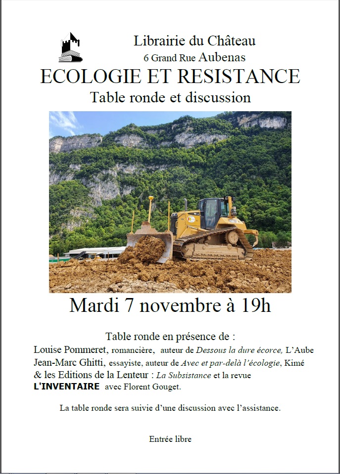 Mardi 07 novembre à partir de 19h, table ronde et discussion sur l’écologie et la résistance